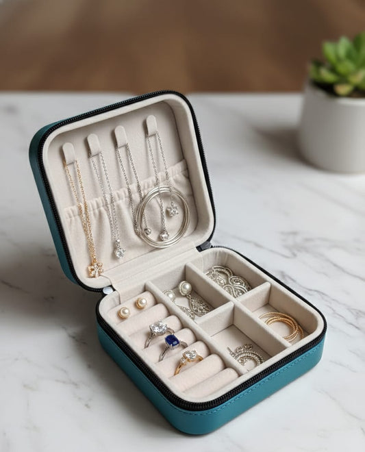 Premium Zip Travel Jewellery Organizer Box – Multi-Compartment Storage Case for Rings, Earrings & Necklaces (Teal)