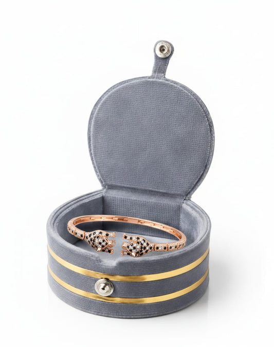 Luxury Velvet Round Jewellery Organizer Box with Gold Detailing – Travel Storage Case (Grey)