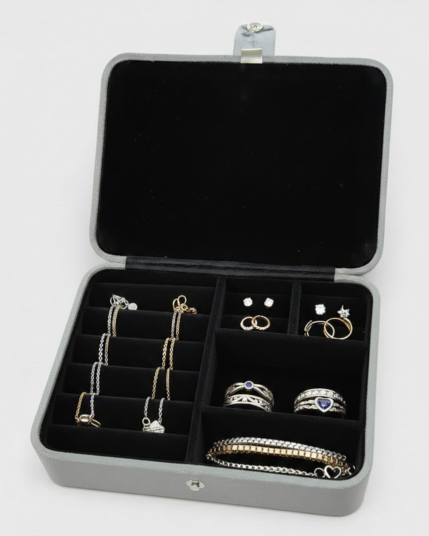 Jewelry organizer with rings, necklaces, and earrings on a white background