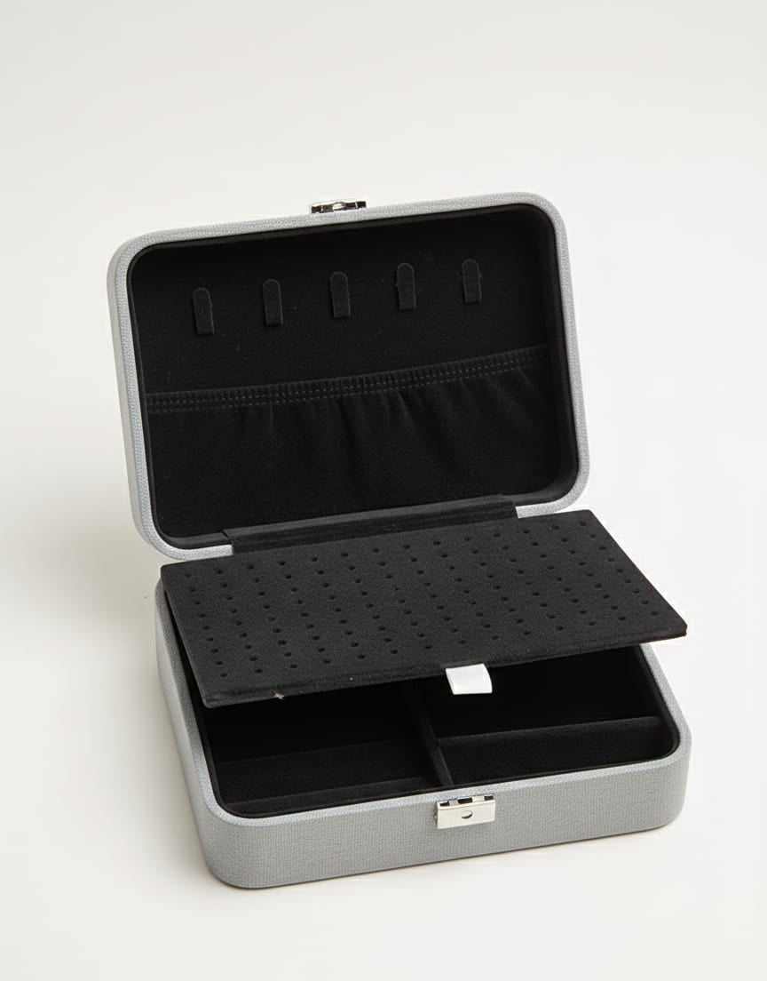 Luxury Multi-Layer Jewellery Organizer Box with Earring Holder – Large Travel & Vanity Storage Case (Grey & Black)