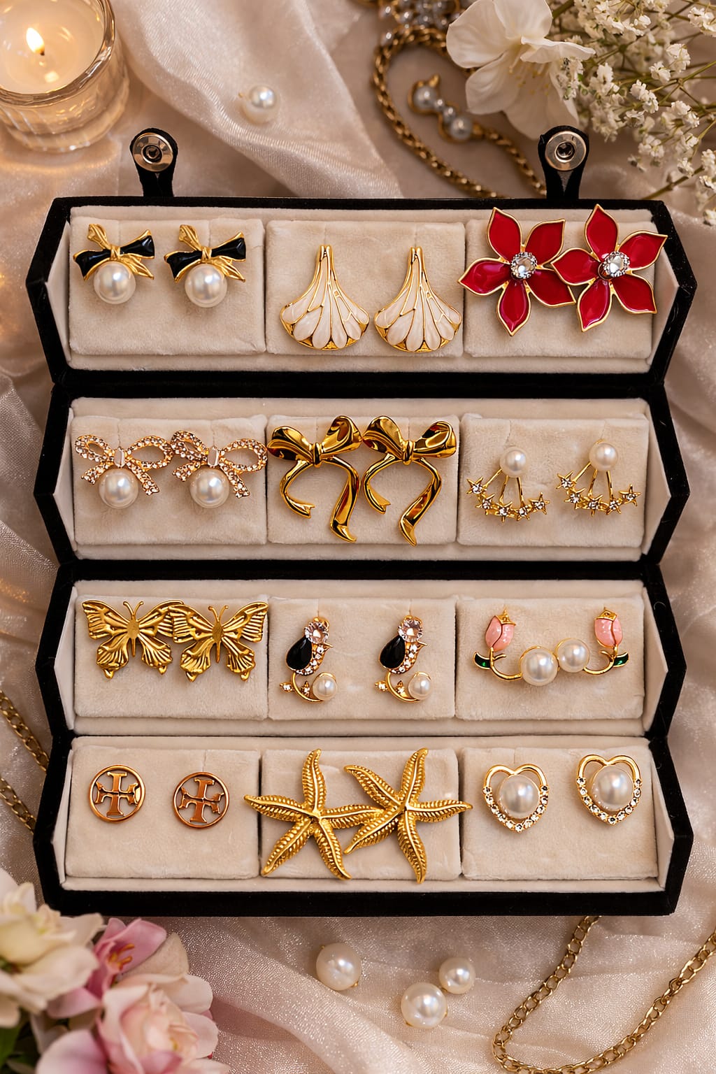 12 Pairs Designer Earrings Collection Set - with Foldable Box
