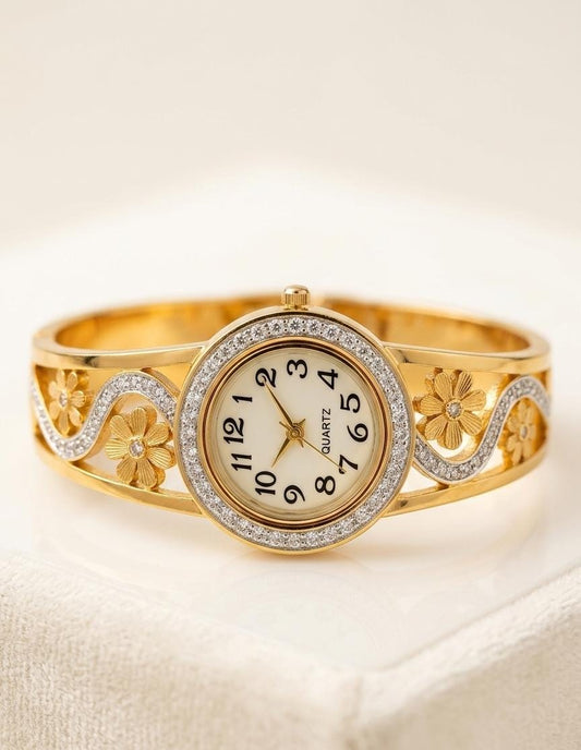Elegant Floral Gold Anti-Tarnish Bracelet Watch for Women – Adjustable Crystal Bracelet Watch