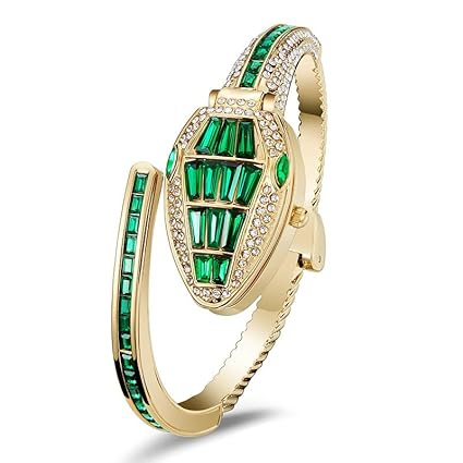 Emerald Green Snake Design Anti-Tarnish Bracelet Watch for Women – Crystal Openable Cuff Watch