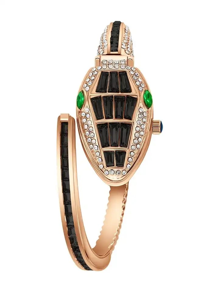 Black & Green Snake Design Anti-Tarnish Bracelet Watch for Women – Crystal Openable Cuff Watch