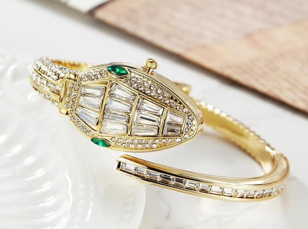 Gold & Crystal Snake Design Anti-Tarnish Bracelet Watch for Women – Openable Cuff Watch with Green Stone Accents