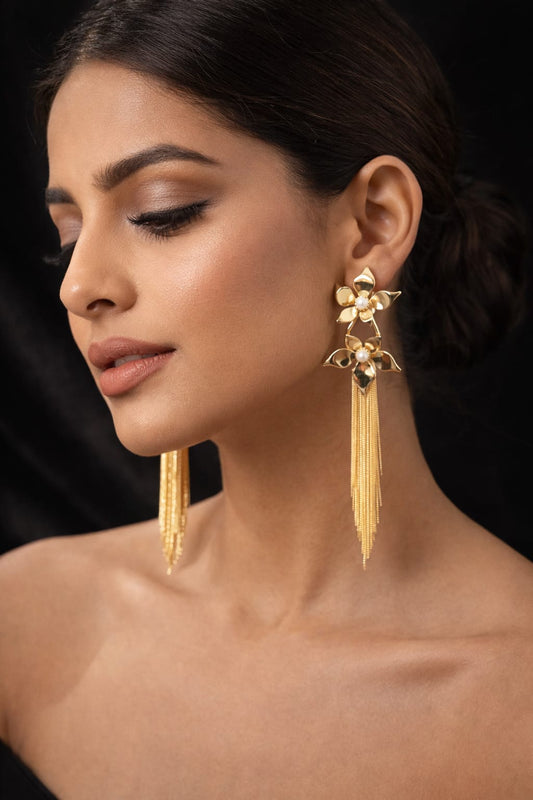 Floral Pearl Tassel Earrings – Anti Tarnish Gold Statement Earrings for Women