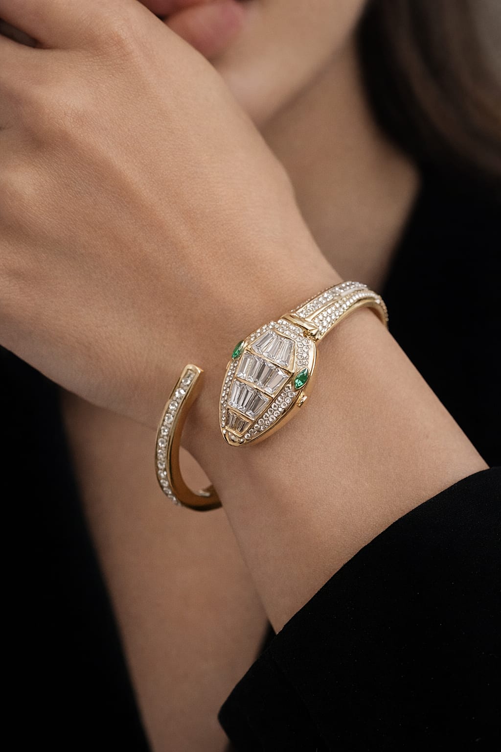 Gold & Crystal Snake Design Anti-Tarnish Bracelet Watch for Women – Openable Cuff Watch with Green Stone Accents