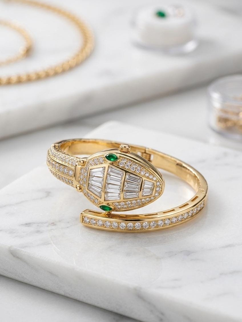 Gold & Crystal Snake Design Anti-Tarnish Bracelet Watch for Women – Openable Cuff Watch with Green Stone Accents