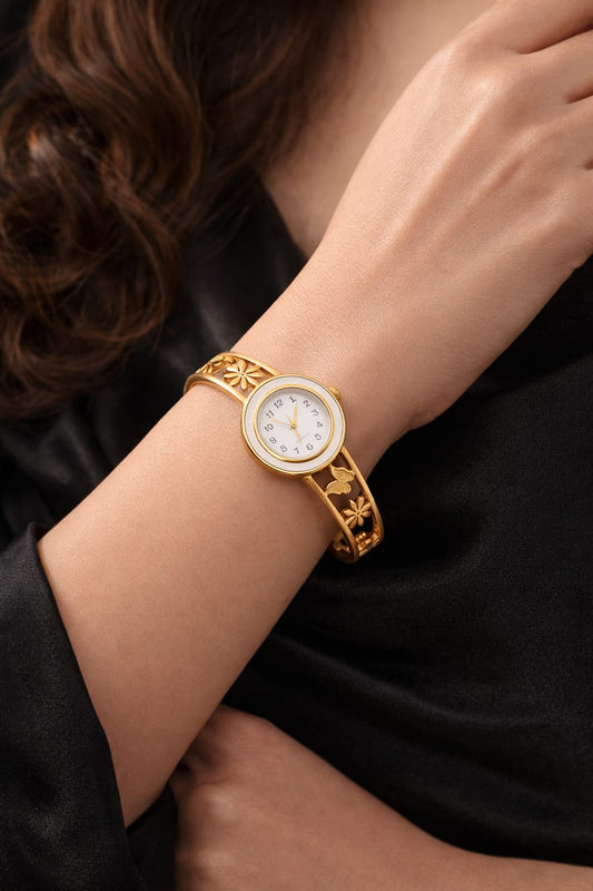 Gold Floral Adjustable Anti-Tarnish Bracelet Watch for Women – Butterfly Design Bangle Watch