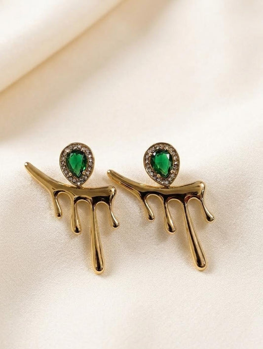 Emerald Drip Statement Earrings – Anti Tarnish Gold Crystal Earrings for Women