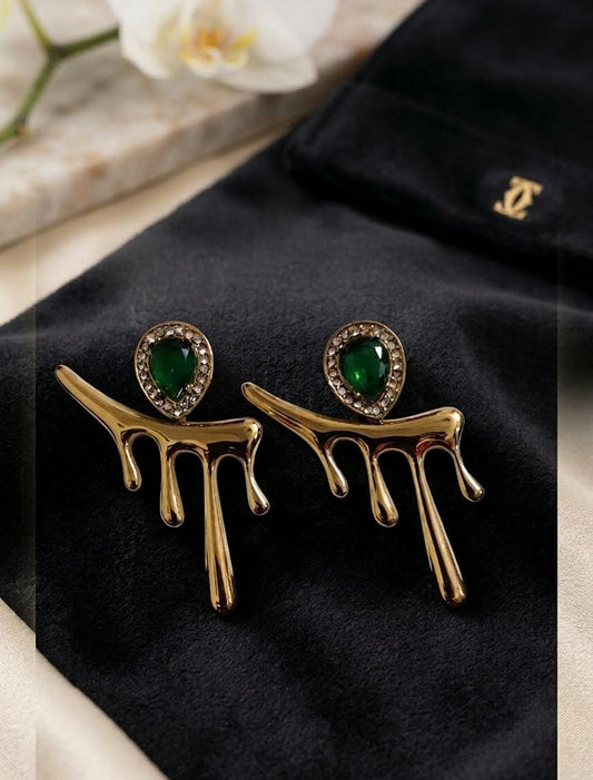 Emerald Drip Statement Earrings – Anti Tarnish Gold Crystal Earrings for Women