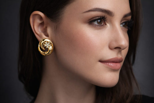 Crystal Flower Swirl Stud Earrings – Anti Tarnish Gold Statement Earrings for Women