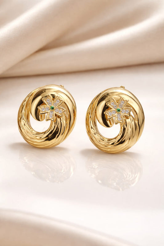 Crystal Flower Swirl Stud Earrings – Anti Tarnish Gold Designer Earrings for Women