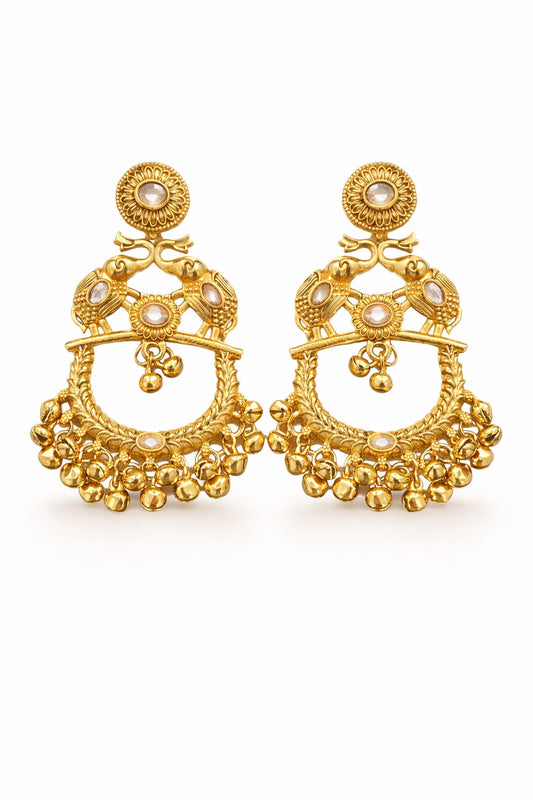Traditional Kashmiri Chandbali Earrings – Gold Ethnic Bird Motif Statement Earrings for Women