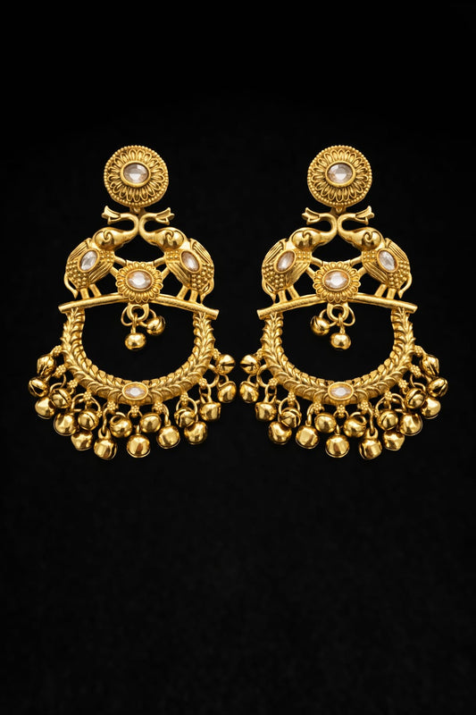 Traditional Kashmiri Chandbali Earrings – Gold Ethnic Bird Motif Statement Earrings for Women