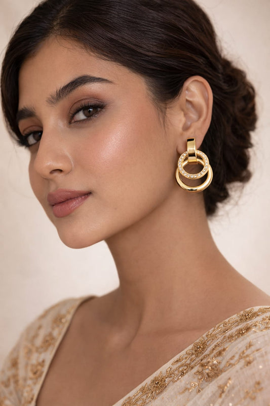 Crystal Double Hoop Drop Earrings – Anti Tarnish Gold Statement Earrings for Women