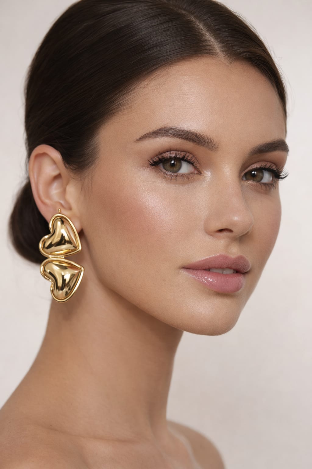 Double Heart Gold Drop Earrings – Minimalist Romantic Statement Earrings