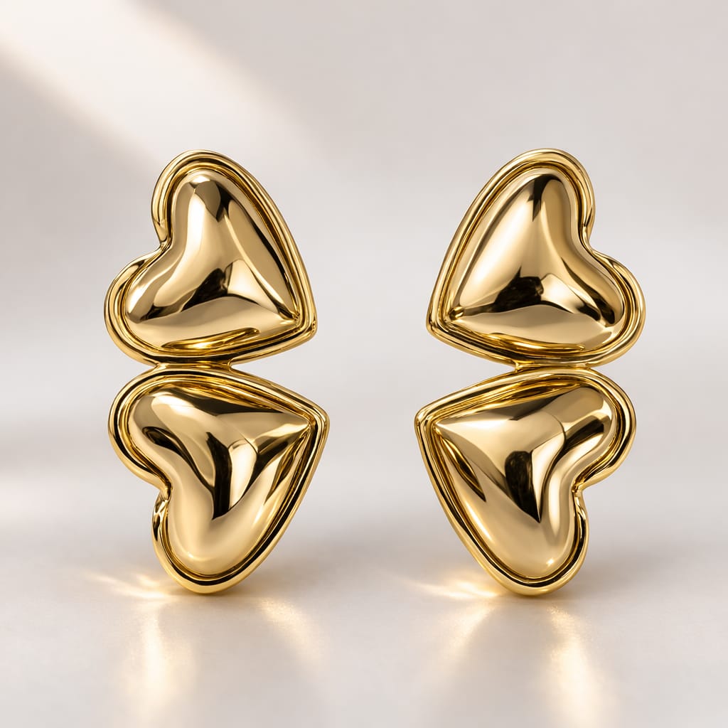 Double Heart Gold Drop Earrings – Minimalist Romantic Statement Earrings
