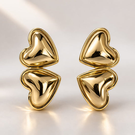 Double Heart Gold Drop Earrings – Minimalist Romantic Statement Earrings