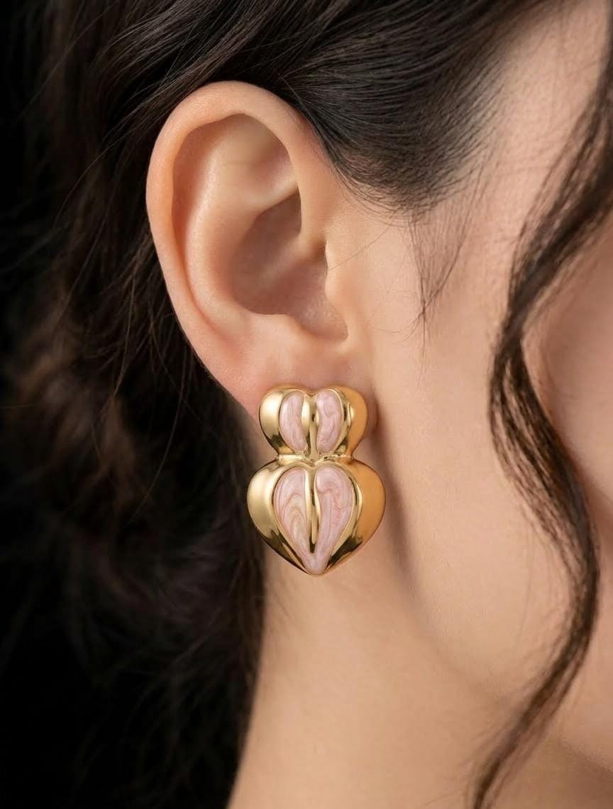 Gold Double Heart Pink Enamel Stud Earrings – Romantic Statement Earrings