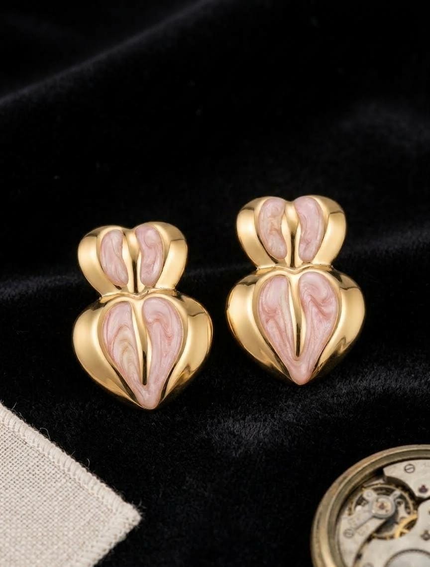 Gold Double Heart Pink Enamel Stud Earrings – Romantic Statement Earrings