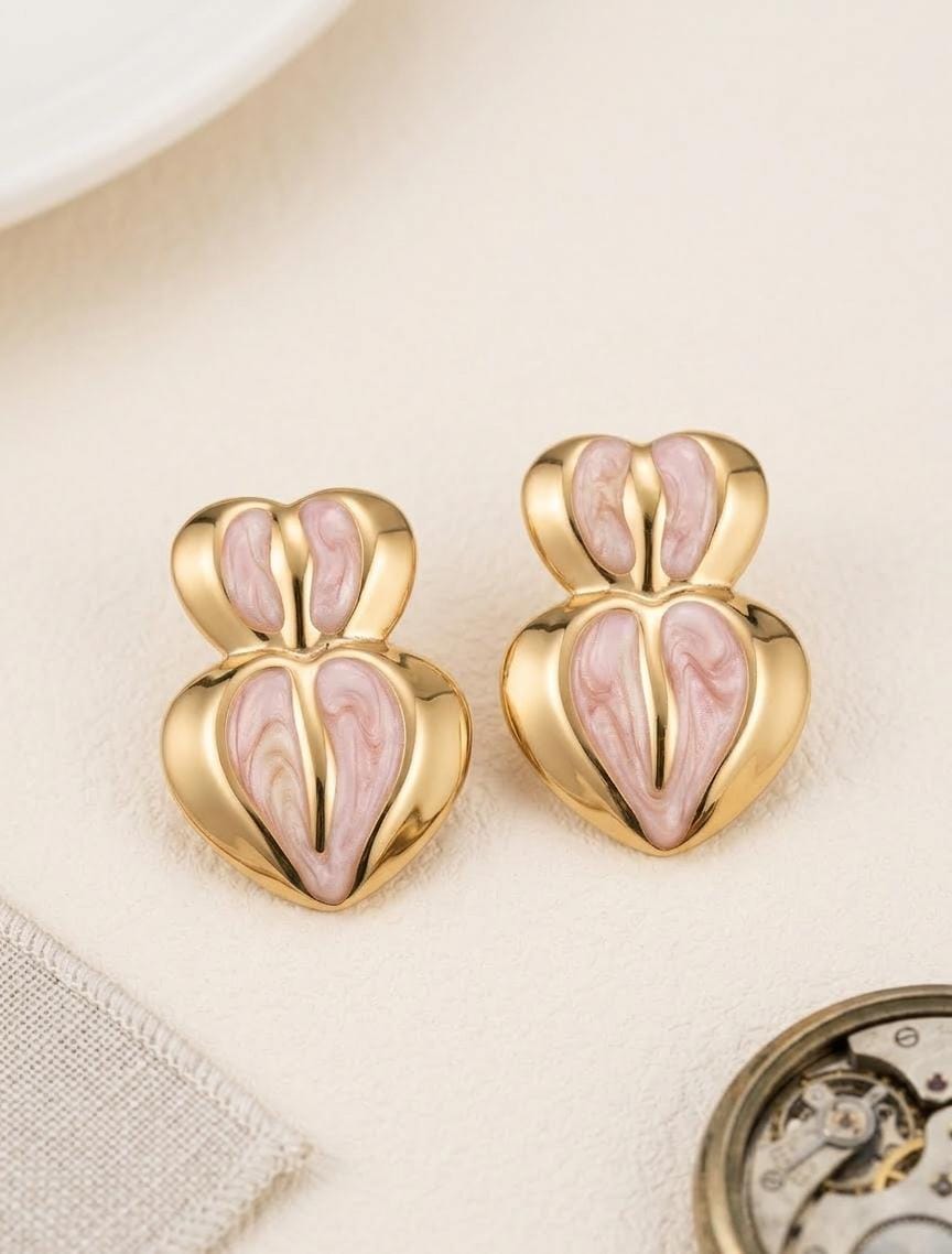 Gold Double Heart Pink Enamel Stud Earrings – Romantic Statement Earrings