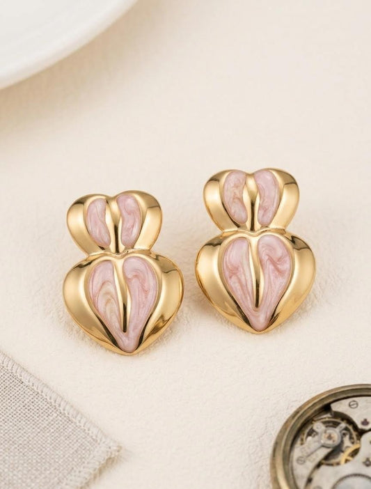 Gold Double Heart Pink Enamel Stud Earrings – Romantic Statement Earrings