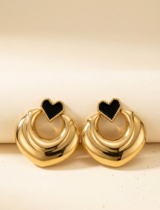 Black Heart Gold Chunky Hoop Earrings – Statement Heart Drop Earrings
