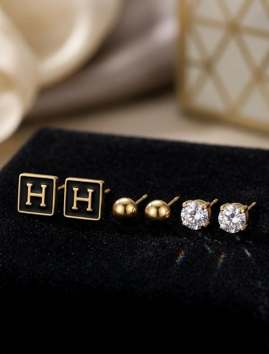 3 Pair Gold Stud Earring Set – Initial Letter, Ball & Crystal Stud Earrings