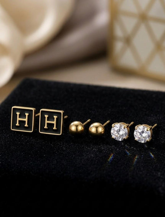 3 Pair Gold Stud Earring Set – Initial Letter, Ball & Crystal Stud Earrings