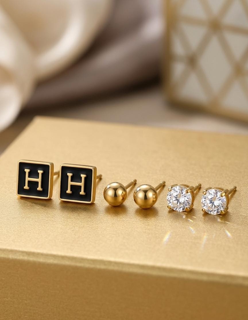 3 Pair Gold Stud Earring Set – Initial Letter, Ball & Crystal Stud Earrings