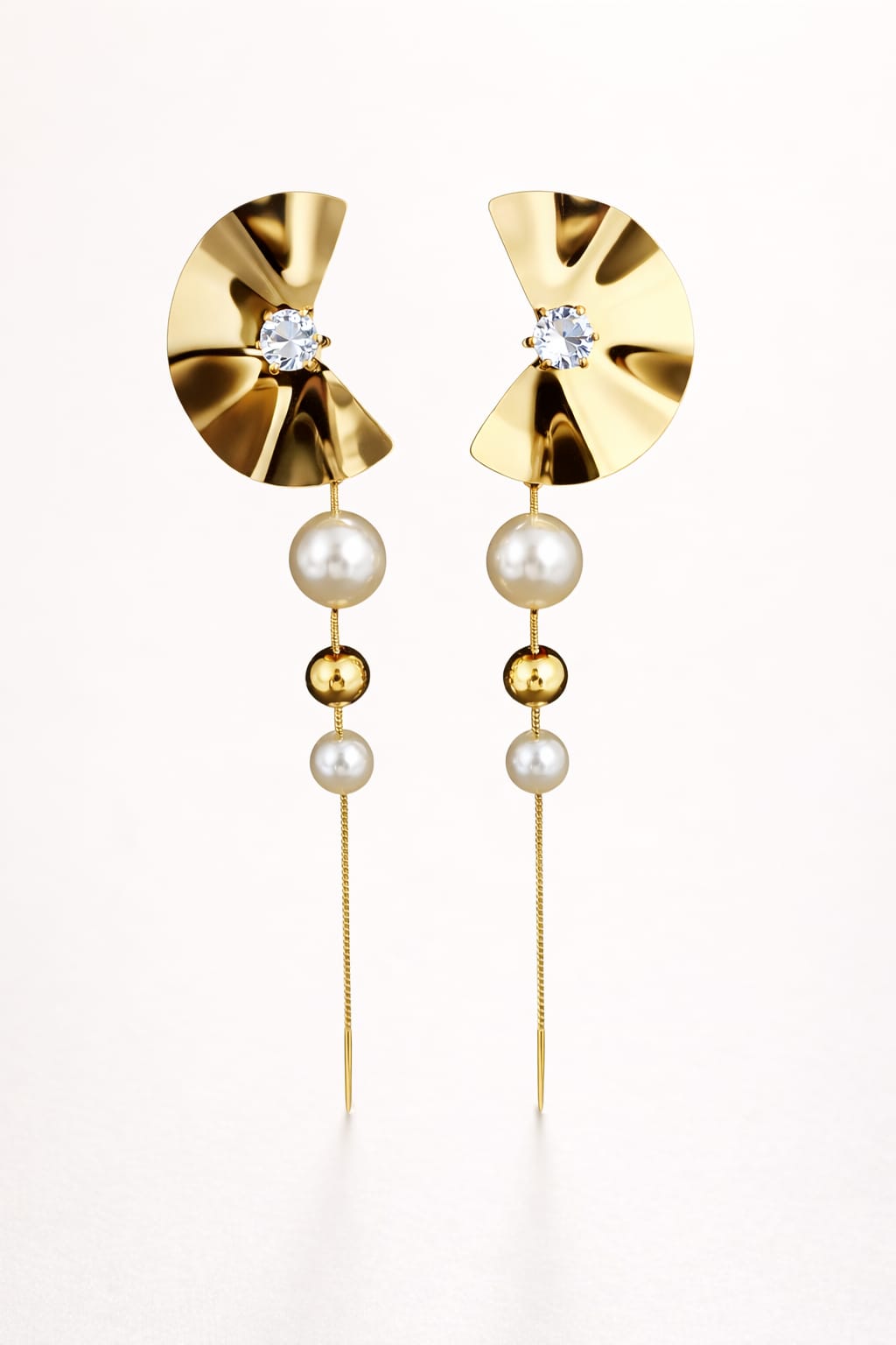 Anti-Tarnish Gold Pearl Chain Drop Earrings – Luxury Crystal Statement Earrings