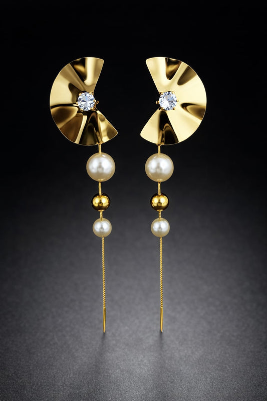 Anti-Tarnish Gold Pearl Chain Drop Earrings – Luxury Crystal Statement Earrings