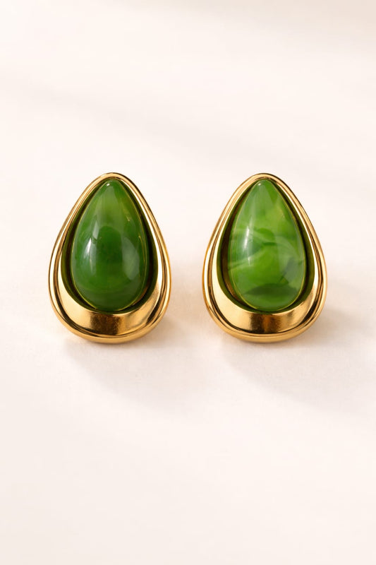 Anti-Tarnish Green Teardrop Stone Stud Earrings – Gold Statement Gemstone Earrings