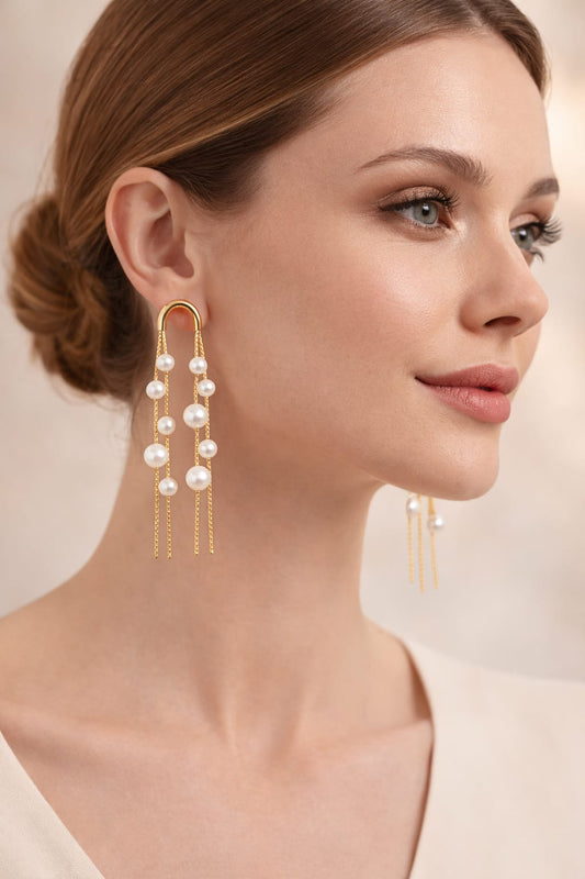 Anti-Tarnish Gold Pearl Chain Drop Earrings – Long Statement Pearl Earrings