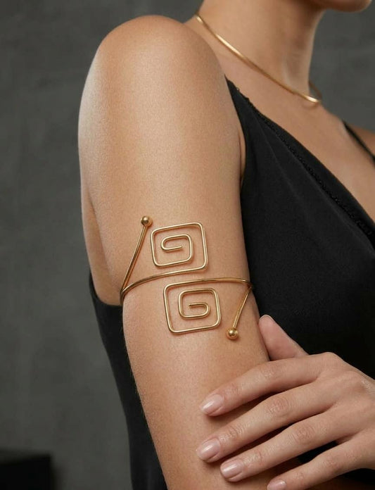 Minimalist Geometric Gold Arm Cuff Bracelet – Spiral Square Upper Arm Cuff