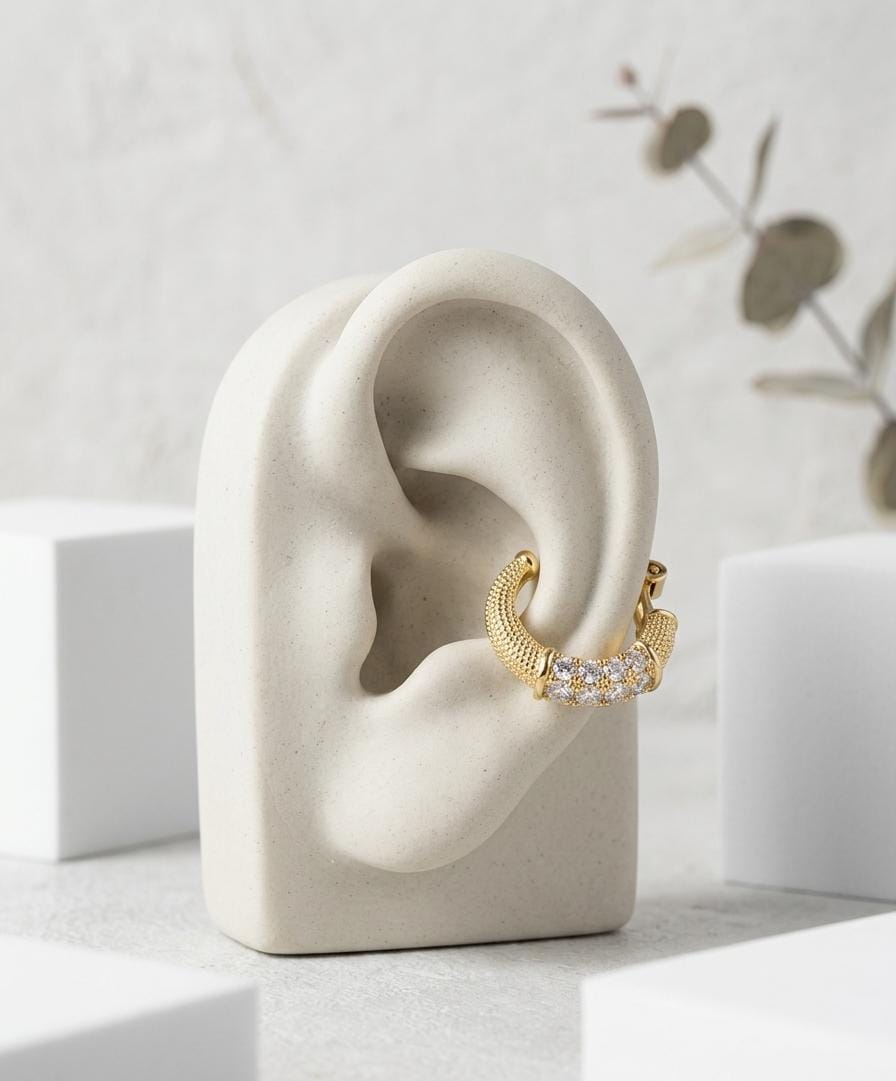 Anti-Tarnish Gold Textured Ear Cuff with Zircon – Clip-On Statement Earring (No Piercing)