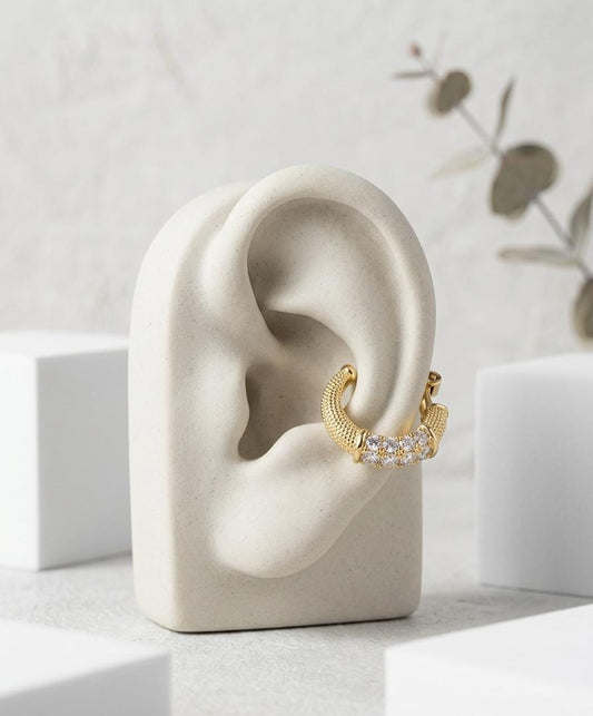 Anti-Tarnish Gold Textured Ear Cuff with Zircon – Clip-On Statement Earring (No Piercing)