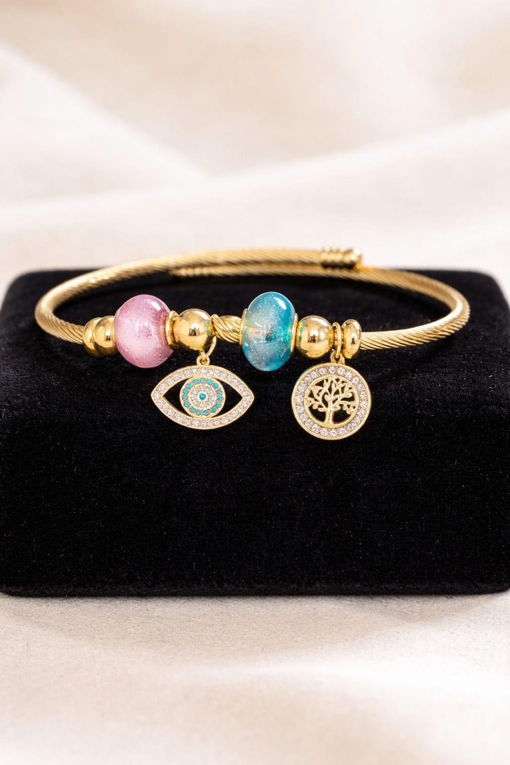 Anti-Tarnish Evil Eye & Tree of Life Charm Bracelet for Women – Adjustable Gold Beaded Kada