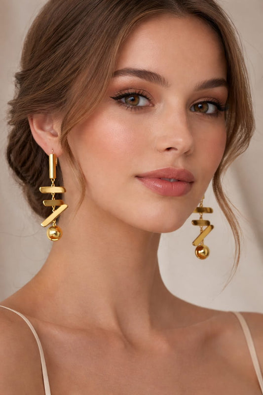 Anti-Tarnish Gold Geometric Drop Earrings for Women – Modern Layered Statement Dangle Earrings