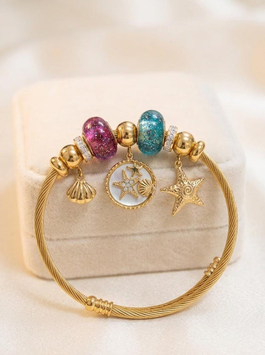 Anti-Tarnish Ocean Charm Bracelet for Women – Adjustable Gold Starfish Shell Charm Kada