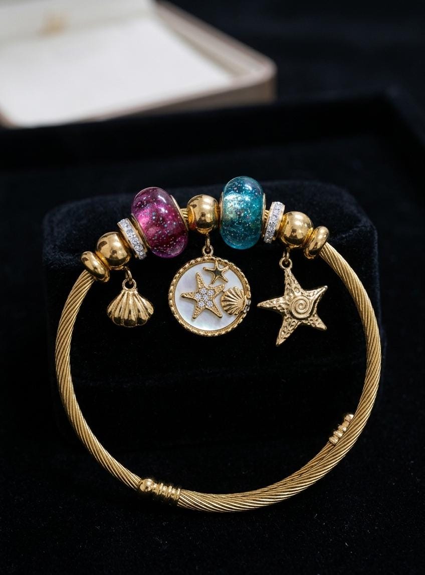 Anti-Tarnish Ocean Charm Bracelet for Women – Adjustable Gold Starfish Shell Charm Kada