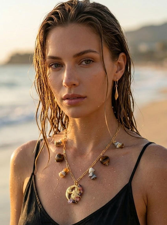 Anti-Tarnish Natural Stone Charm Necklace for Women – Gold Chain Tree of Life Pendant Necklace