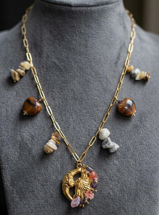 Anti-Tarnish Natural Stone Charm Necklace for Women – Gold Chain Tree of Life Pendant Necklace