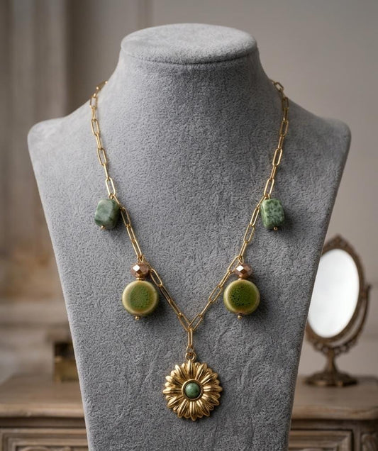 Anti-Tarnish Green Stone Charm Necklace for Women – Gold Chain Floral Pendant Necklace