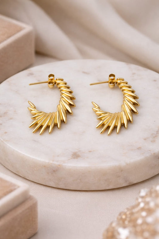 Anti-Tarnish Gold Textured Hoop Earrings for Women – Statement Spike Design Hoops