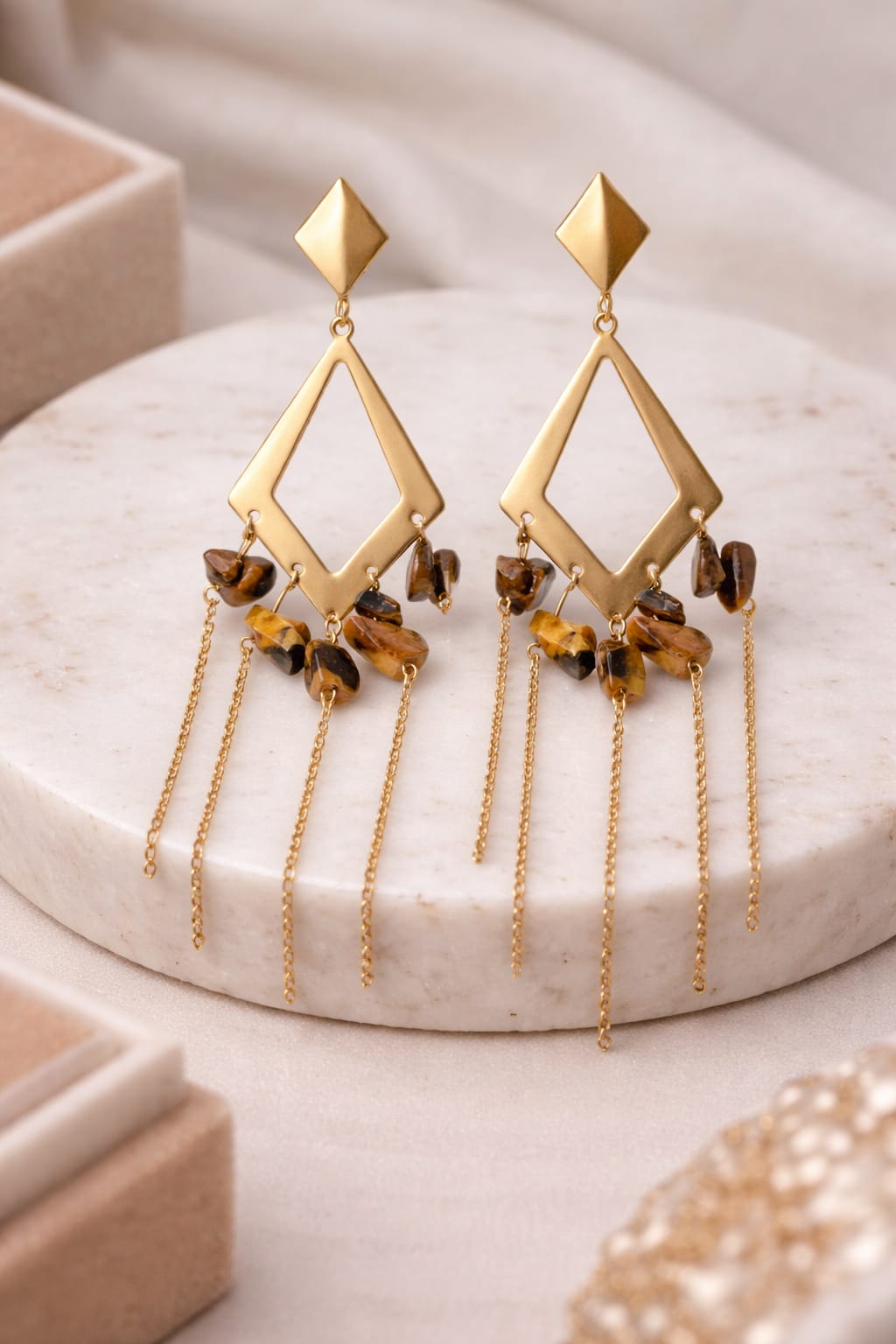 Anti-Tarnish Gold Geometric Stone Drop Earrings for Women – Boho Chain Dangle Statement Earrings