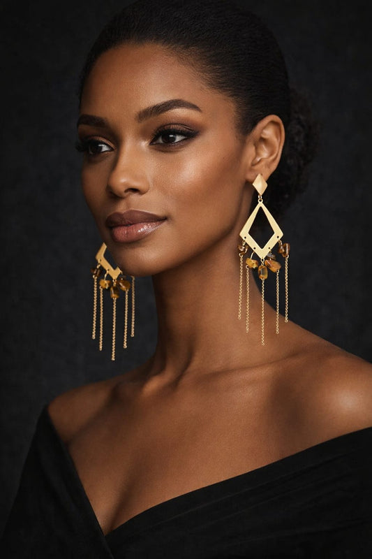 Anti-Tarnish Gold Geometric Stone Drop Earrings for Women – Boho Chain Dangle Statement Earrings