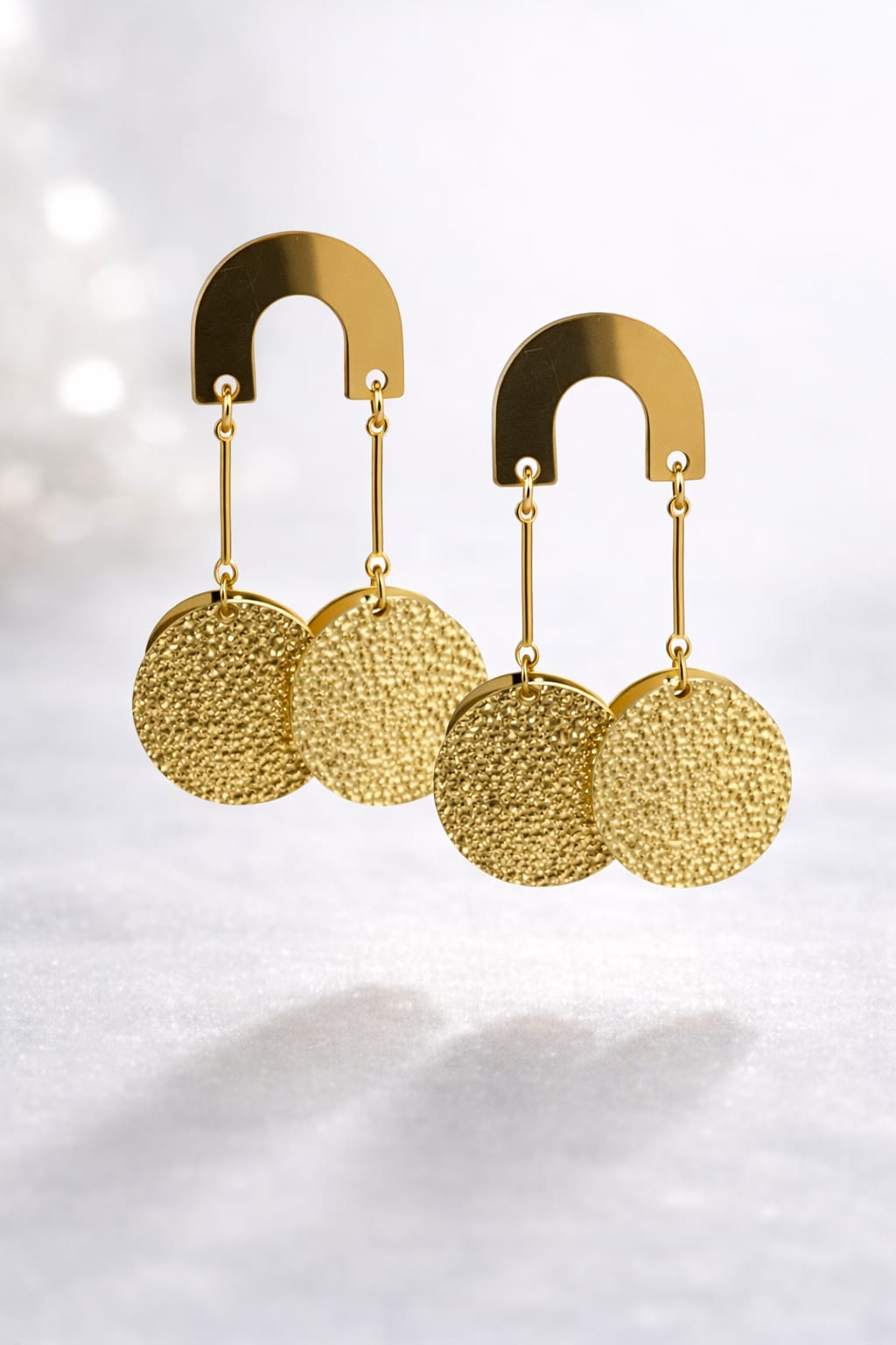 Anti-Tarnish Gold Textured Disc Drop Earrings for Women – Geometric Statement Dangle Earrings