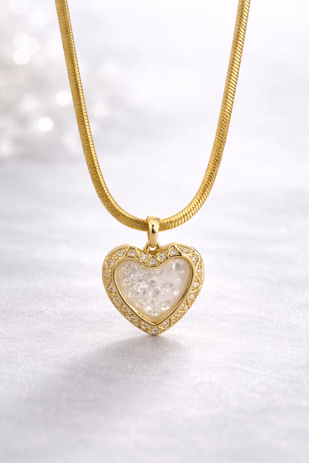 Anti-Tarnish Gold Heart Pendant Necklace for Women – Crystal Charm Snake Chain Necklace